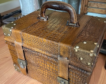Small Storage Chest / Lined Box with Hinged Lid . Treasure Chest . Faux Alligator with Brass Fittings . Padded Handle