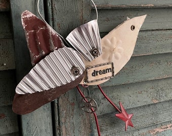 MIxed Media Handcrafted Bird Wall Art . Metal . Whimsical Art Bird . "Dream" . Ready to Hang . One of a Kind