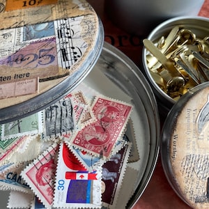 Vintage Altered Tins . Set of Three . Desk / Studio Storage . Handcrafted Repurposed Tins . Collage / Decoupage Vintage Style