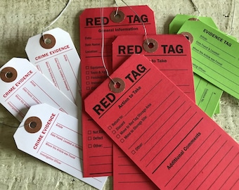 Crime Evidence Tags .  Industrial Journal Embellishments (Set of 9) Red.White.Green . Holiday & Junk Journals
