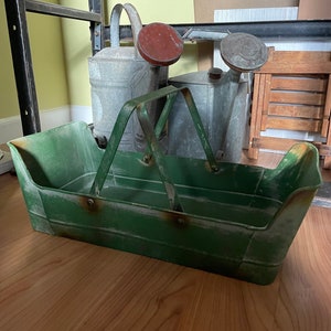 Metal Tote . Handled Basket . Vintage Look . Green . Farmhouse / Garden Decor . Rustic Industrial