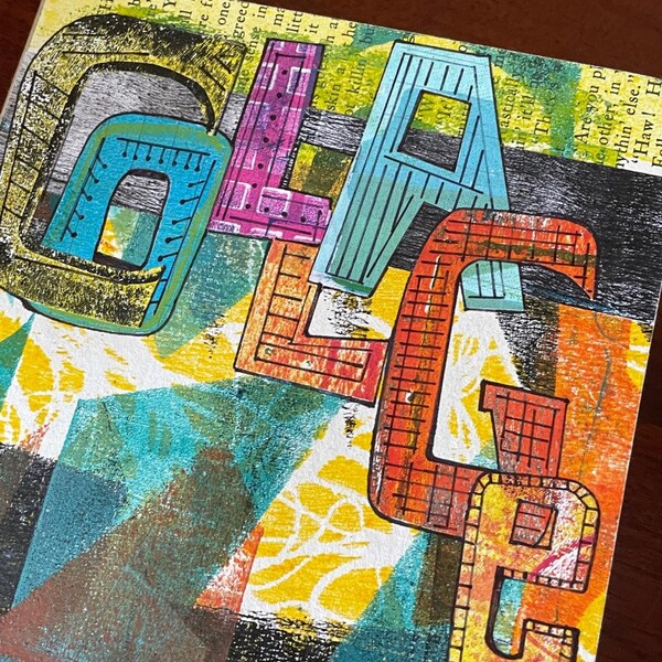 Libro de arte con collage. Hecho a mano. Collage impreso en Gelli. Inspiración para collage artístico. Libro de arte. Libro alterado. Collage monográfico