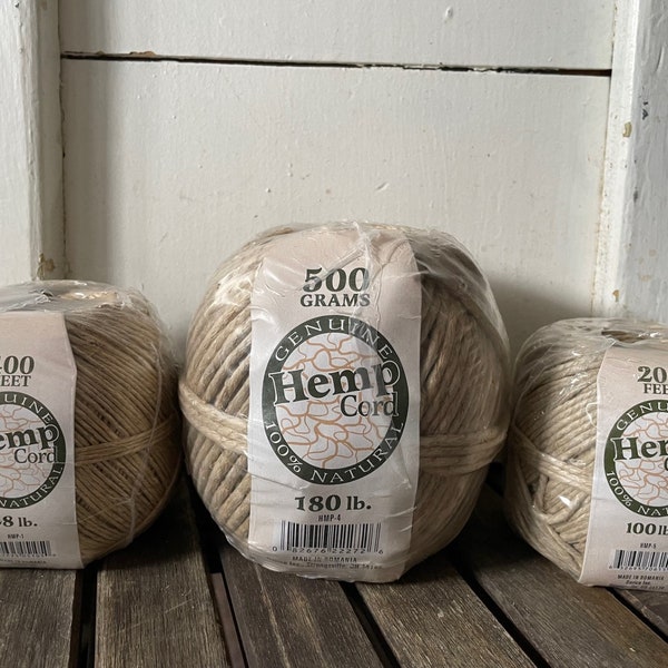 Hemp Twine . Ball of 100 % Natural Hemp Cord . Choice of Three Weights/Sizes . Natural Color . New/Unopened . Made in Romania