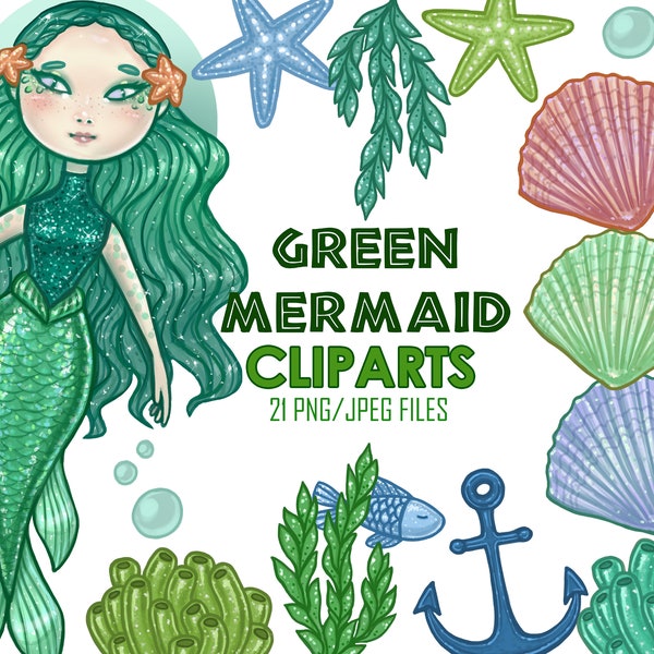 Pretty Mermaid Sirène Sea Shell Ocean Images Clipart Digital Illustrations Images PNG