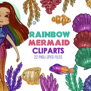 Hübsche Regenbogen-Meerjungfrau-Muschel-Ozean-Clipart-Bilder digitale Illustration PNG