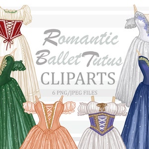 May include: Six digital illustrations of romantic ballet tutus in various colors. The tutus are white, green, blue, peach, and white with purple accents. The text "Romantic Ballet Tutus CLPARTS 6 PNG/JPEG FILES" is displayed in the center of the image.