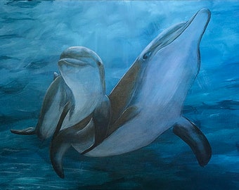 Original Realistic Mother Child Dolphin Painting Stretched Canvas, Marine Life Painting, Nursury Dolphin Art, Oceanscape Acrylic Fine Art