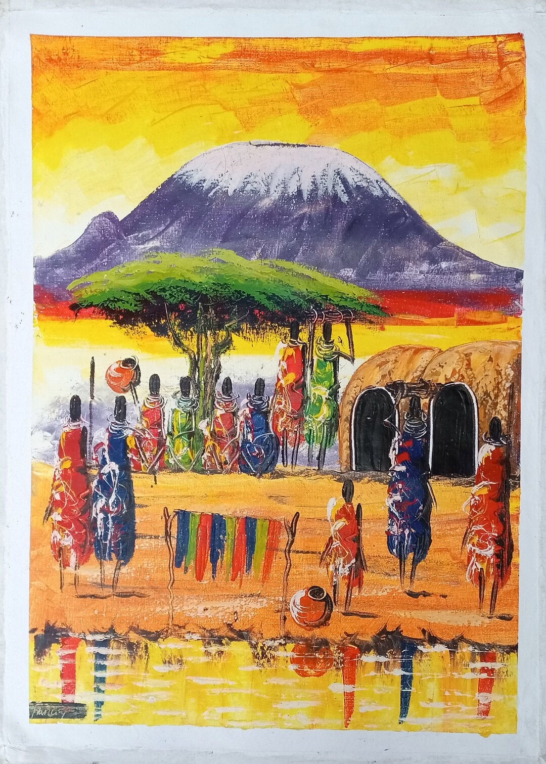 Maasai Village Oil Painting, Kilimanjaro Village, Palette Knife