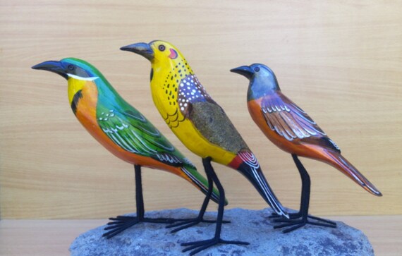 Three Salim Birdsafrican Wooden Birds Bird Home Decor Etsy