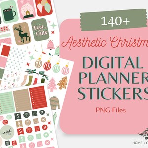 May include: A digital planner sticker set with over 140 aesthetic Christmas themed stickers. The stickers are in PNG format and feature a variety of designs, including ornaments, snowflakes, candy canes, and more. The stickers are perfect for adding a festive touch to your planner or journal.