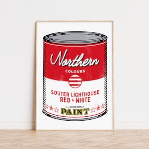 May include: A vintage-style illustration of a red and white paint can labelled "Northern Colours Souter Lighthouse Red & White New Striped Formula Paint".