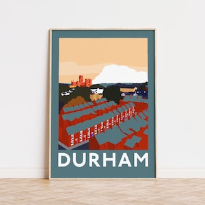 May include: A colourful illustration of the city of Durham, England. The illustration features a red-roofed building with a green roof, a white cloud, and the text "DURHAM" in white letters.