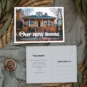 Notre nouveau modèle de carte photo maison, nous avons déplacé modèle modifiable, faire-part de déménagement, carte postale imprimable