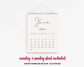 June 2024 PRINTABLE calendar, Pregnancy calendar digital download, Baby announcement June calendar