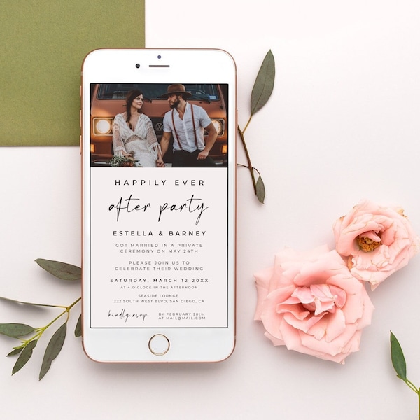 Invitation électronique de mariage après une fête avec photo, Une fête pour toujours, Modèle modifiable, Elopement réception - ALFREDA