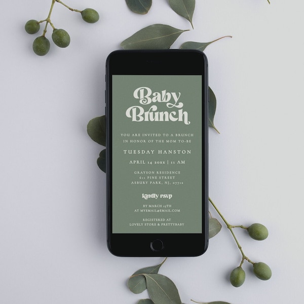 Baby Brunch Electronic Invite, Sage Green Baby Shower Invite, Baby Shower Brunch Phone Invitation - Corliss