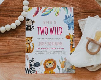 Two Wild Invitation, She's Two Wild 2nd Birthday Invite, Safari Themed Phone & Printable Card