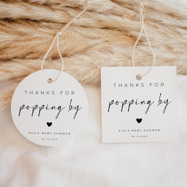 Thanks For Popping By Tags,  Baby Shower Tags Editable Template, Modern Minimalist Popcorn Favor Tags - Alfreda