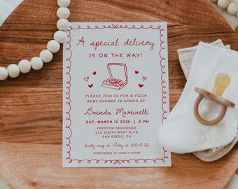 Special Delivery Baby Shower Invite, Red And White Pizza Baby Shower Invitation Template, PIA