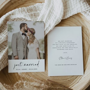 Just married photo card template, Wedding announcement printable card, Elopement card editable file PDF - ALFREDA