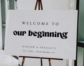 Panneau Welcome To Our Beginning, Panneau de bienvenue pour mariage moderne du milieu du siècle - Selby