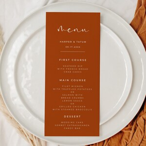 Tarjetas de menú de color naranja quemado, plantilla de menú imprimible y editable, plantilla de tarjeta de menú de boda boho - Payton