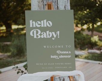 Baby Shower Welcome Sign, Editable Template, Sage Green, Hello Baby Sign, Gender Neutral, Printable Poster - Corliss