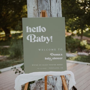 Sage Green Baby Shower Welcome Sign, Gender Neutral Hello Baby Sign Editable Template - Corliss