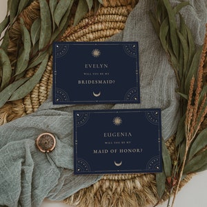 Proposition de demoiselle d'honneur céleste, modèle modifiable sur le thème du soleil et de la lune - Clelia