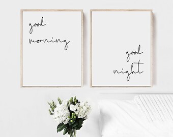 Good Morning Good Night, Wall Art Printable, Above Bed Signs, Digital Download, Set Of 2 Prints, Bedroom Decor