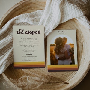 Elopement-aankondiging, we Eloped, schakingsreceptie, retro groovy uitnodigingssjabloon - Esme