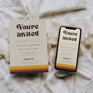 Estás invitado, invitación de cumpleaños moderna de mediados de siglo, invitación electrónica retro y genial, ESME