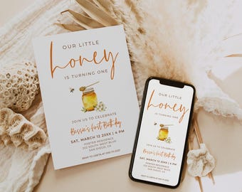 Our Little Honey Is Turning One, Bee Birthday Invitation, 1st Birthday Invite Phone & Printable, FAY