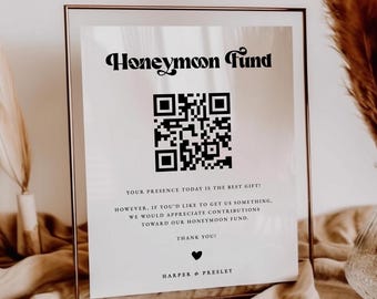 Signe de fonds de lune de miel, modèle modifiable de signe de souhaits de bien, signe de code de QR de mariage - Selby