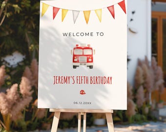 Fire Truck Birthday Sign, Firefighter Birthday Welcome Sign, Editable Template
