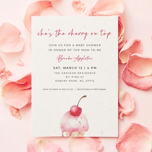 La cerise sur le gâteau, faire-part de baby shower fille, modèle modifiable minimaliste moderne, téléphone et carte imprimable