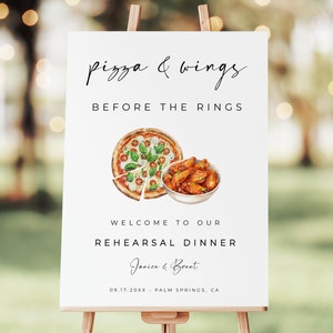 Cartel de bienvenida para la cena de ensayo de Pizza And Wings Before The Rings, plantilla editable para despedida de soltera de parejas - Alfreda