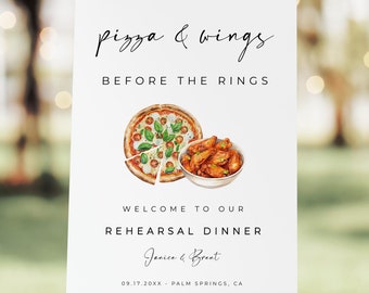 Pizza And Wings Before The Rings Rehearsal Dinner Welcome Sign, Couples Shower Editable Template - Alfreda