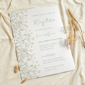 Faire-part de baptême gypsophile, invitation de dédicace de fleurs de gypsophile, modèle modifiable minimaliste moderne