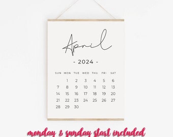 April 2024 PRINTABLE calendar, Pregnancy calendar digital download, Baby announcement April calendar
