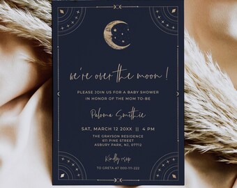 We're Over The Moon Baby Shower Invite, Moon Baby Shower Invitation, CLELIA