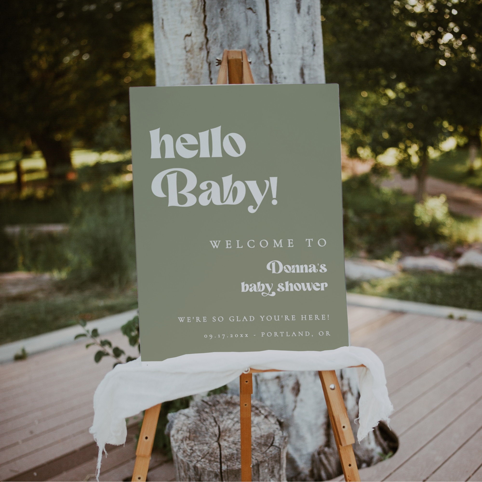Sage Green Baby Shower Welcome Sign, Gender Neutral Hello Baby Sign Editable Template - Corliss
