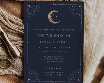 May include: A navy blue wedding invitation with gold lettering and a crescent moon design. The invitation reads "Please join us to celebrate the wedding of Paula & Oscar, Saturday, March 12 20XX at 4 o'clock in the afternoon, Seaside Lounge, 222 South West Blvd, San Diego, CA. Kindly RSVP by February 28th at 000-111-222."