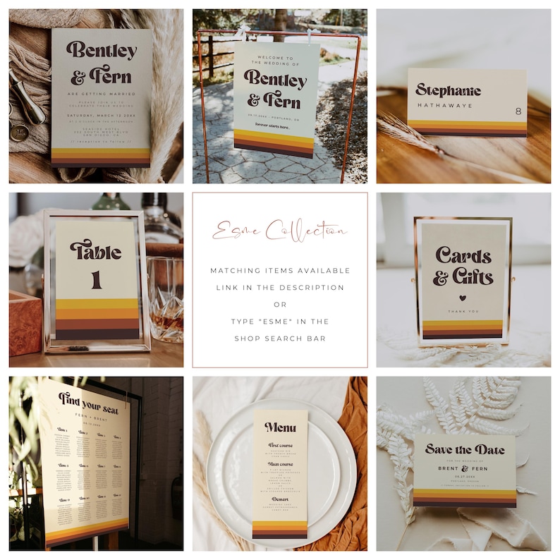 May include: A set of printable wedding signs with a retro 70s theme. The signs feature a brown, orange, and yellow color scheme with a white background. The signs include a welcome sign, a table number sign, a save the date sign, a menu sign, a find your seat sign, and a cards and gifts sign.