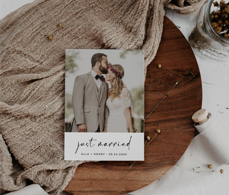Just married photo card template, Wedding announcement printable card, Elopement card editable file PDF ALFREDA image 2
