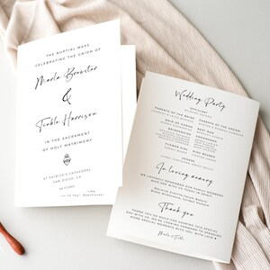 May include: Wedding ceremony program with a white background and black text. The program includes the names of the bride and groom, the officiant, the wedding party, and a section for in loving memory. The program also includes the date and location of the ceremony.