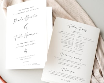 Catholic Wedding Program Template, Modern Minimalist Nuptial Mass Order Of Service Printable, ALFREDA
