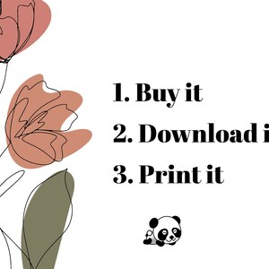 May include: Digital art print with abstract floral line art in muted tones of peach, olive green, and black. Text reads "1. Buy it, 2. Download it, 3. Print it." A small panda illustration is in the bottom right corner.