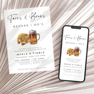 Tacos e cervejas antes de eu fazer convite para o jantar de ensaio, modelo editável, cartão para impressão e convite por telefone - Alfreda
