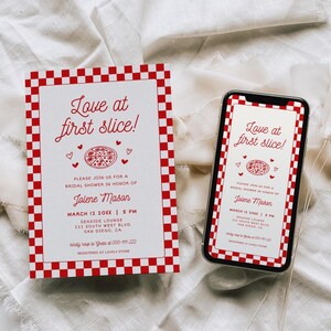 May include: A bridal shower invitation and a smartphone showing the same design. Both feature a red and white chequered border and the text "Love at first slice!" with details for Jolene Mason's shower.